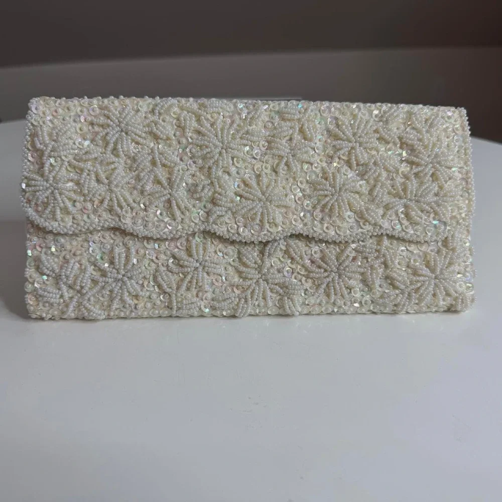 Vintage Ivory Beaded Sequin Clutch • Bridal Wedding Evening Bag • Coquette